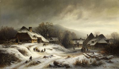 Paesaggio di villaggio innevato al tramonto da Anton Doll